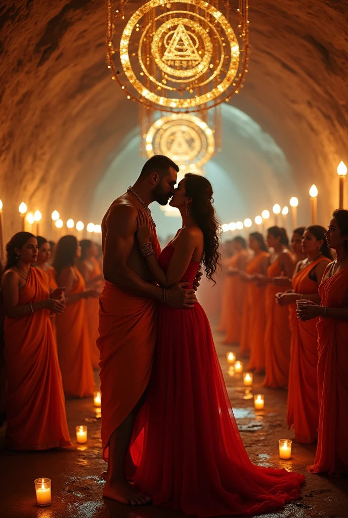 A women curvy hourglass body, wearing red Bardot dress, in wedding,where everyone is wearing saffron saree,muscular Hindu pandit, kissing together. In a cave of illuminati