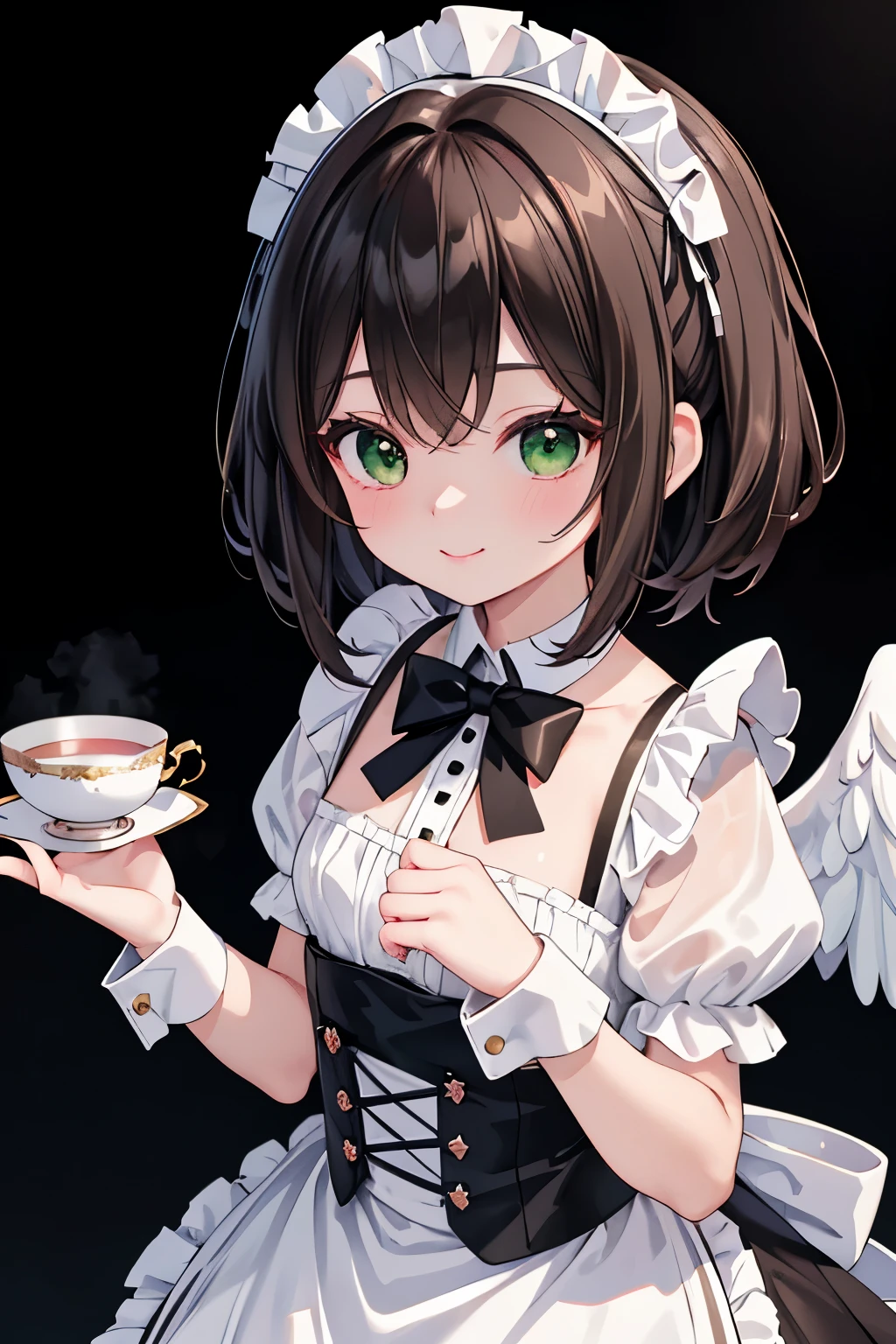 ((masterpiece, Highest quality, High resolution, 超High resolution, Pixel perfect, Written boundary depth, 4K, RTTX 10.0, High resolution))), 1 person, single, alone, Beautiful Anime, Beautiful art style, Anime characters, ((Shortcuts, bangs, Dark brown hair)), ((Green Eyes:1.4, Round eyes, Beautiful eyelashes, current eyes)), ((Smooth texture:0.75, Anime CG style)), ((Dynamic Angle, close)), Perfect body, (cute), Normal chest, whole body, ((4K, 8k, Highest quality, Perfect Fingers: 1.3, Perfect Anatomy: 1.3, Background Blur)), whole bodyアングル, Illustration of a female angel wearing a maid outfit, The character is an angel with pure white wings.、She wears a classic black and white maid outfit。, The maid outfit is decorated with frills and ribbons.、Elegant and lovely design。, She smiled gracefully.、Holding a teacup in his hand。, A soft light shines in the background。