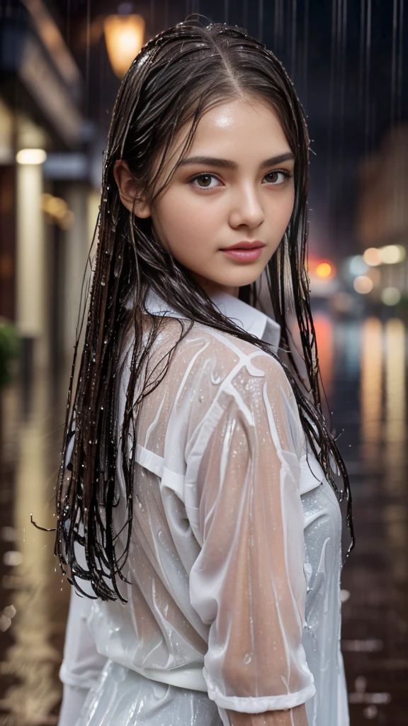 (Highest quality, 4K, masterpiece :1.Beautiful woman, 1 person, (, Attractive body :1.2), Dark brown hair: 1.1, ((Wet from rain, Wet by rain, Wet :1.2)), Highly detailed face, Detailed lips, Delicate eyes, double eyelid, 、school uniform,Evening in the city、
