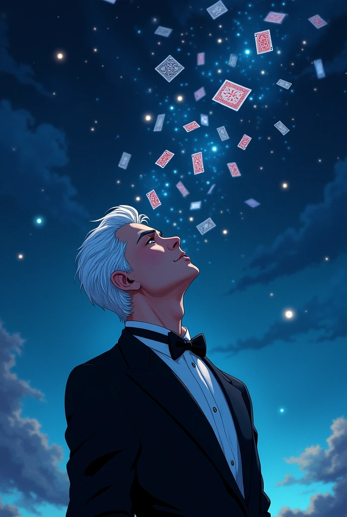 A man with white hair in a black tuxedo looking up at the starry night sky,The cards spun around him.,Anime style,Highly detailed,Film Lighting,dramatic,(Best quality,4K,8k,high resolution,masterpiece:1.2),Ultra Detailed,(lifelike,Photoreal,Photoreal:1.37),dramatic的灯光,Moody atmosphere,Dynamic composition,Intricate details,Vibrant colors,Whimsical fantasies,Surrealist elements,Magical Realism