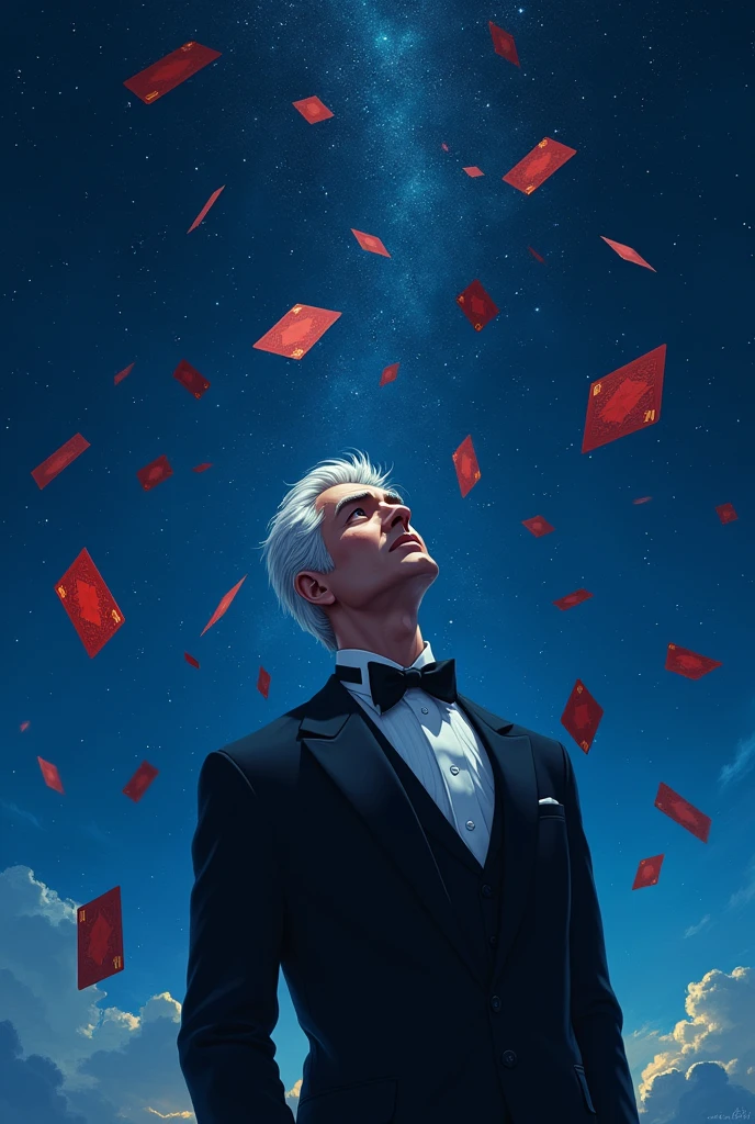 A man with white hair in a black tuxedo looking up at the starry night sky，The cards spun around him.，Anime style，Highly detailed，Film Lighting，dramatic，（Best quality，4K，8k，high resolution，masterpiece：1.2），Ultra Detailed，（lifelike，Photoreal，Photoreal：1.37），dramatic的灯光，Moody atmosphere，Dynamic composition，Intricate details，Vibrant colors，Whimsical fantasies，Surrealist elements，Magical Realism