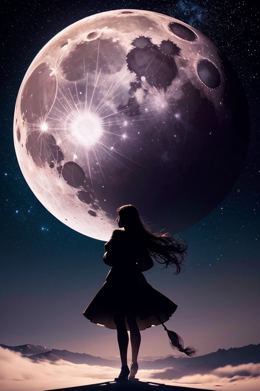 Highest quality,Big moon and shadow,A silhouette of a person can be seen against the backdrop of a large moon.,There is one full moon,There is a mood,Beautiful scenery,Starry Sky
