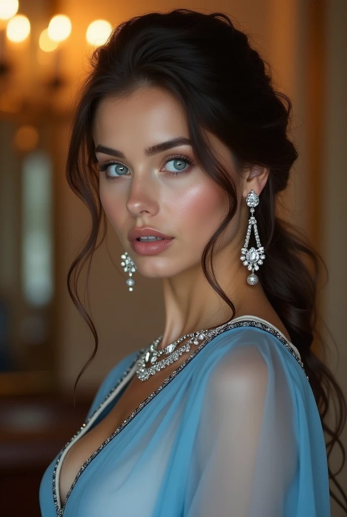 ((Masterpiece, Best Quality)), (Negative Space: 1.2), (8k, uhd, RAW photo, best quality, ultra high res, masterpiece:1.4), (ultra realistic, photo-realistic:1.4), (extremely detailed CG unity 8k wallpaper), 85mm, film photography, dslr, cinema4d, studio quality, film grain ((8k)) ((closeup)) ((HDR)) ((ultrahd)) ((charming)) ((seductive)) ((goddess)) ((oily body)) ((white porcelain skin))((( beautiful Ukrainian 21 year goddess model))) with blue eyes and ((Draped Side Updo With Hanging Curls hairs)) and wearing ((light blue transparent wet tight tunic with black border)) ((diamond jewelry)) at a gala party.