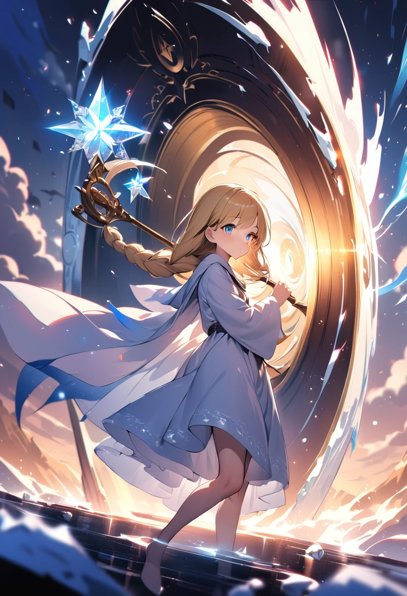 1 boy, trap, Blonde Hair, One-side long braid, blue eyes, flat chest, A short person, （Long legs），White robe, Bare Legs, Very girly boy, （iceberg），（Frost），（snowstorm），（ice crystals），（Ice cubes），Holding the golden staff, Church Background, Textured Skin, Ultra HD, Ultra HD, Ultra HD, Ultra HD, The award-winning, High Detail, Incredible high-key lighting and shadows, masterpiece, Incredible illustration witch, Magical atmosphere, Hair blowing in the wind, Colorful magic spells shone in the air, Rotating portal, Dark Magic, (Style Swirl Magic:0.8), Floating particles, Dark sinister forest background, Updraft, Backlight