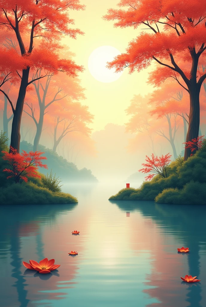Generate round Mid-Autumn greeting cards, minimalist natural background, Monet minimalist style scenery, bright and transparent colors, real natural colors, realistic scenes, reality restoration, real restoration, realistic scenes, evening