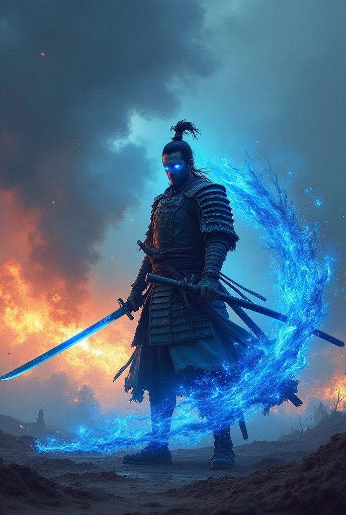 masterpiece、最high resolution、high resolution、Detailed Description、beautiful、art、One Samurai、Samurai surrounded by blue flames、Sharp Eyes、Blue glowing eyes、Samurai brandishing a sword、The sword is engulfed in blue flames、battlefield、Ink Painting、4K Graphics、