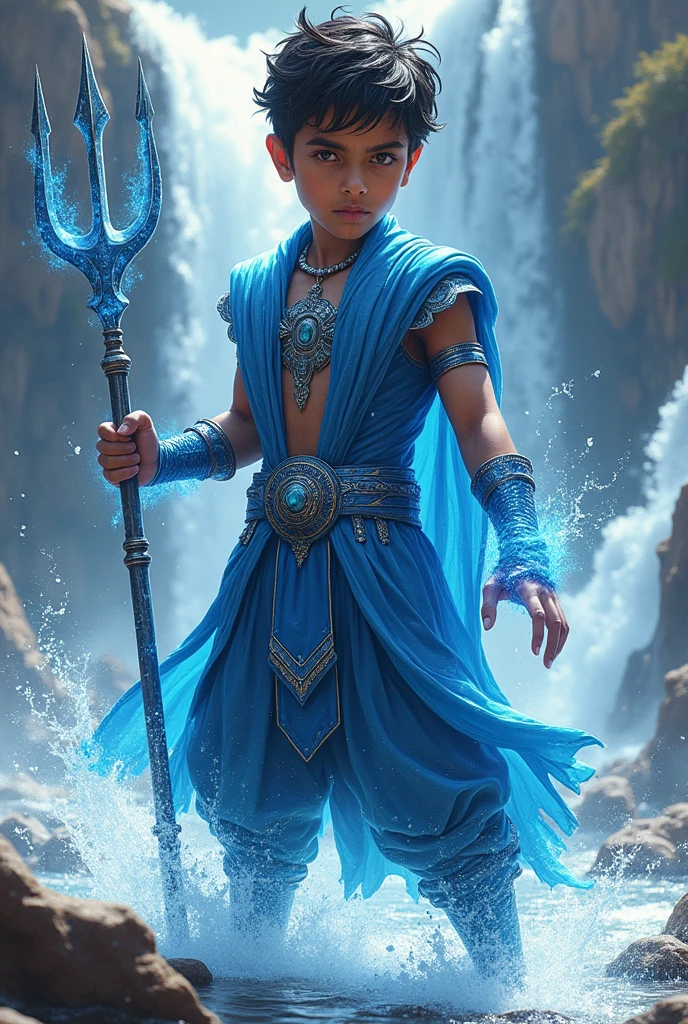 "Create an image of an Indian superhero boy with the power of water. The superhero should be dressed in a traditional yet modernized Indian attire, with elements like flowing water integrated into the design, such as water swirling around their arms or forming a protective shield. Their outfit should have shades of blue and silver, symbolizing water and its fluidity. The character should have a strong, determined expression, with water-based weapons like a trident or a staff that can summon waves. The background could depict a dynamic water landscape, such as an ocean, river, or a waterfall, emphasizing the superhero's connection to water."
