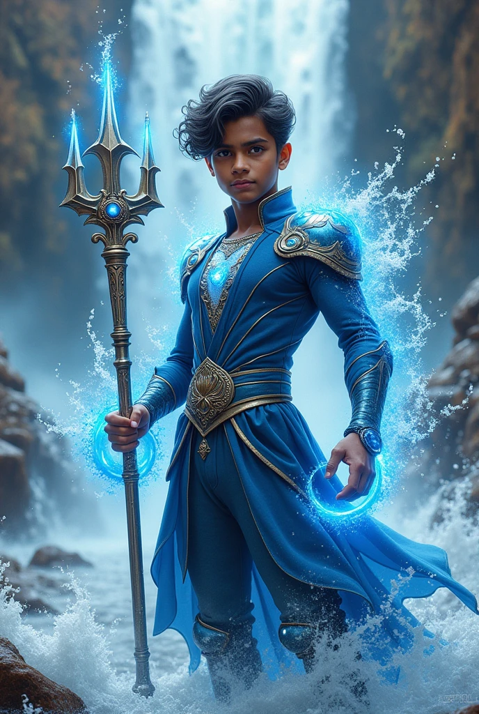 "Create an image of an Indian superhero boy with the power of water. The superhero should be dressed in a traditional yet modernized Indian attire, with elements like flowing water integrated into the design, such as water swirling around their arms or forming a protective shield. Their outfit should have shades of blue and silver, symbolizing water and its fluidity. The character should have a strong, determined expression, with water-based weapons like a trident or a staff that can summon waves. The background could depict a dynamic water landscape, such as an ocean, river, or a waterfall, emphasizing the superhero's connection to water."