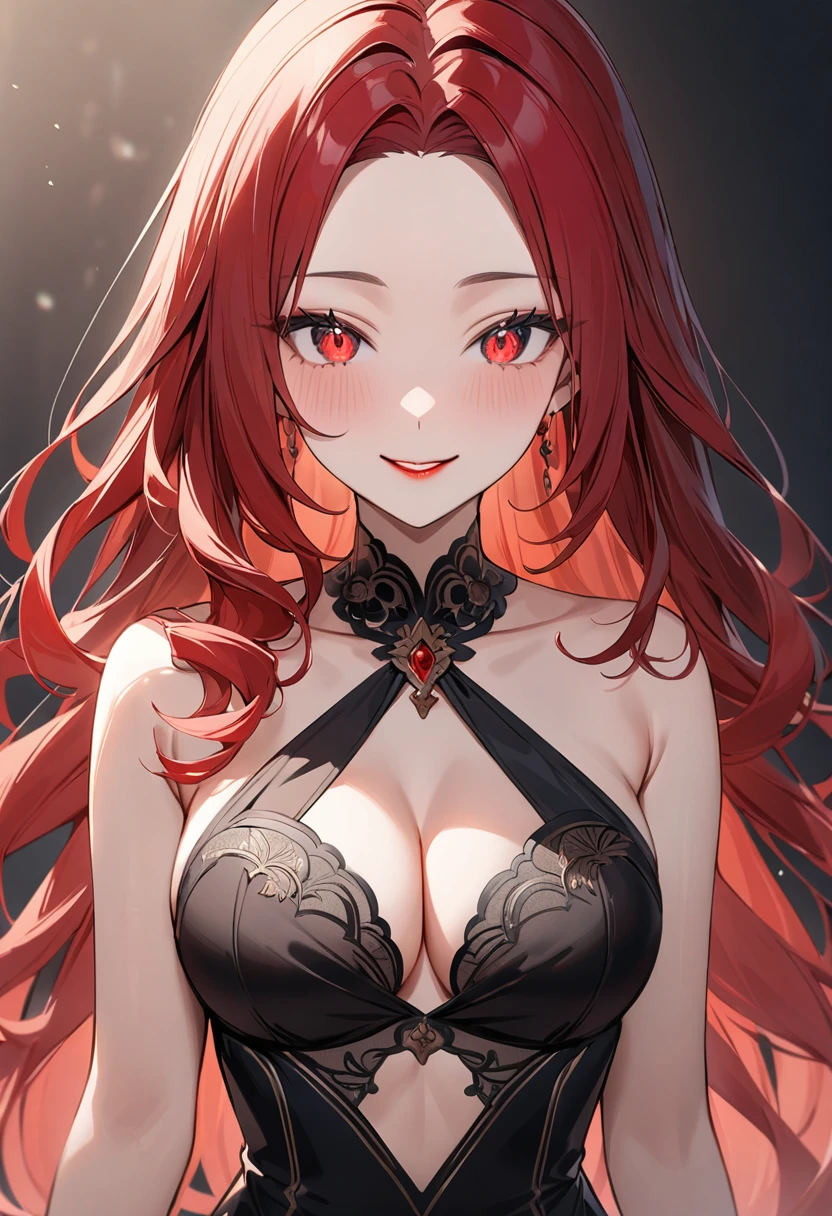 (masterpiece, top quality, very aesthetic, 4k、illustration), intricate detail, 1woman,solo,contrapposto 、(gradient eyes、tareme)、Strong glowing eyes、parted bangs,Fair skin,(cowboy shot)、Cool women、Cleavage、 smile、(red lipstick),beautiful face、(gradient hair)、(red hair)、multicolored hair,sidelock ,red eyes、halter top dress、medium breasts、slender 、