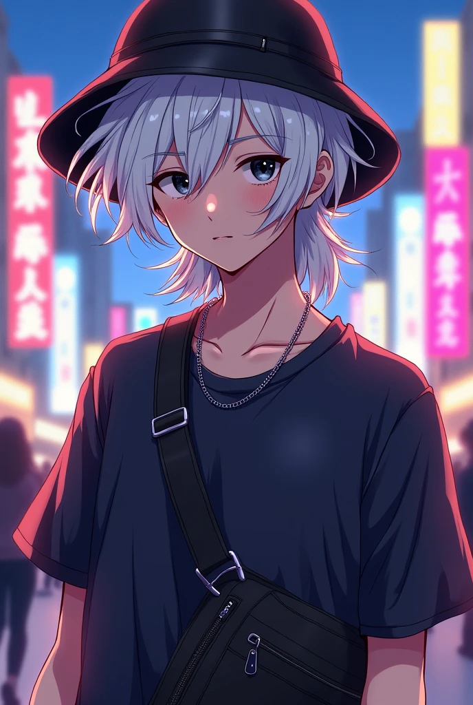 2D photo, white hair, black eyes, wearing a black bucket hat, two-block mullet hairstyle, male, idol, active, anime, carrying a black crossbody bag