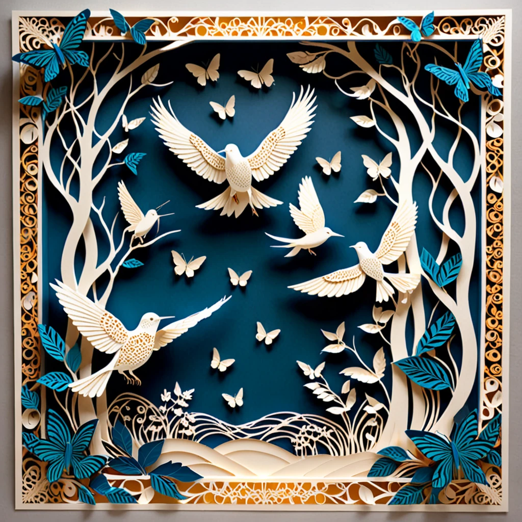 Create a detailed paper cutout artwork depicting a scene that combines intricate patterns with various creatures. The scene should include a harmonious blend of elaborate, decorative patterns interwoven with animals such as birds, fish, butterflies, and other creatures. The patterns should complement the forms and movements of the animals, creating a seamless integration between the natural and the abstract. The artwork should evoke a sense of wonder and intricacy, highlighting the beauty and complexity of both the patterns and the creatures. The overall mood should be artistic and enchanting, capturing the elegance of nature through detailed design