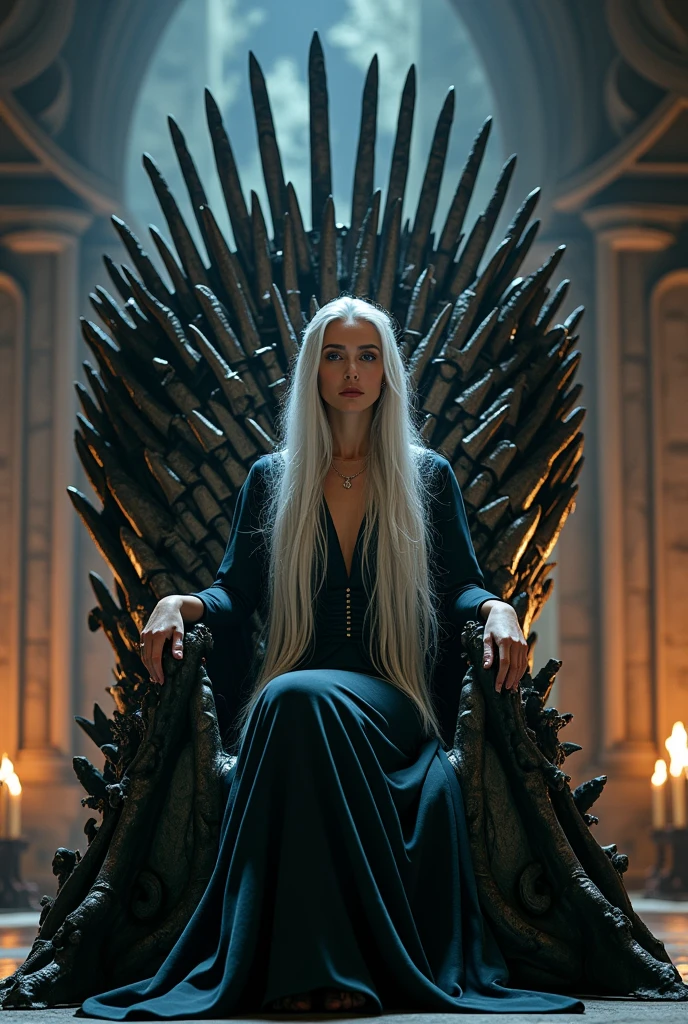 A real dragon standing behind iron throne made of swords with a silver headed woman sitting on the throne