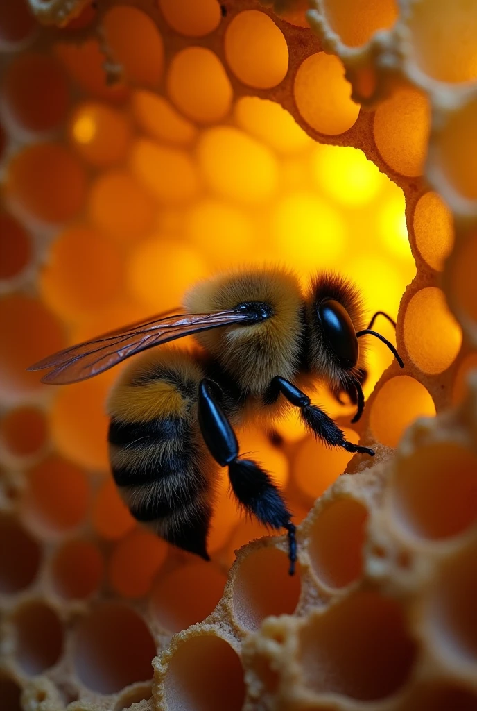 The bumble bee find its cozy bed inside the hive it resrs its wings  dreaming of  the  morning and the joy it brings 