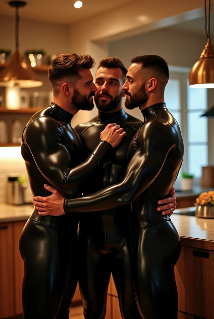 three young rugby playing large fat muscular bodybuilder weightlifter men standing in a kitchen, they are kissing and hugging intimately , they wear black glossy patent shiny latex full body wetsuits, they are sexually aroused, they have short neat beards