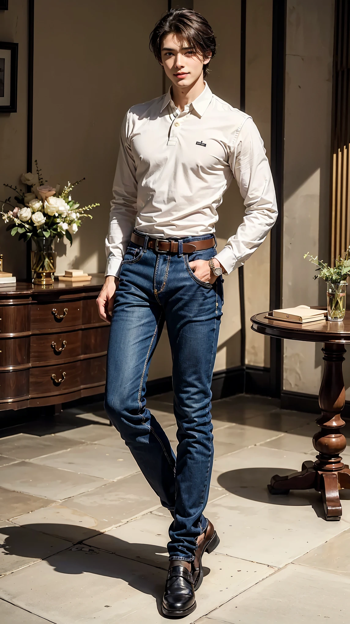 (ultra-detailed, photorealistic, best quality, 4k, 8k, highres, masterpiece:1.3), a strikingly handsome young man, perfectly sculpted muscular physique, short dark blonde hair, impeccably hair style, deep expressive blue eyes, he exudes confidence and charisma, (wearing white long-sleeves polo shirt),( premium denim jeans), (brown suede leather shoes), posture is relaxed yet commanding, easygoing smile that reveals his charming personality, The background features a luxurious, modern apartment with elegant furnishings, highlighting his sophisticated lifestyle, The scene captures his professional demeanor and captivating presence, emphasizing his role as a highly sought-after male escort and masseuse, (intricate detail, super finely detailed hands, ultra finely detailed fingers, full body showcase, show full body).