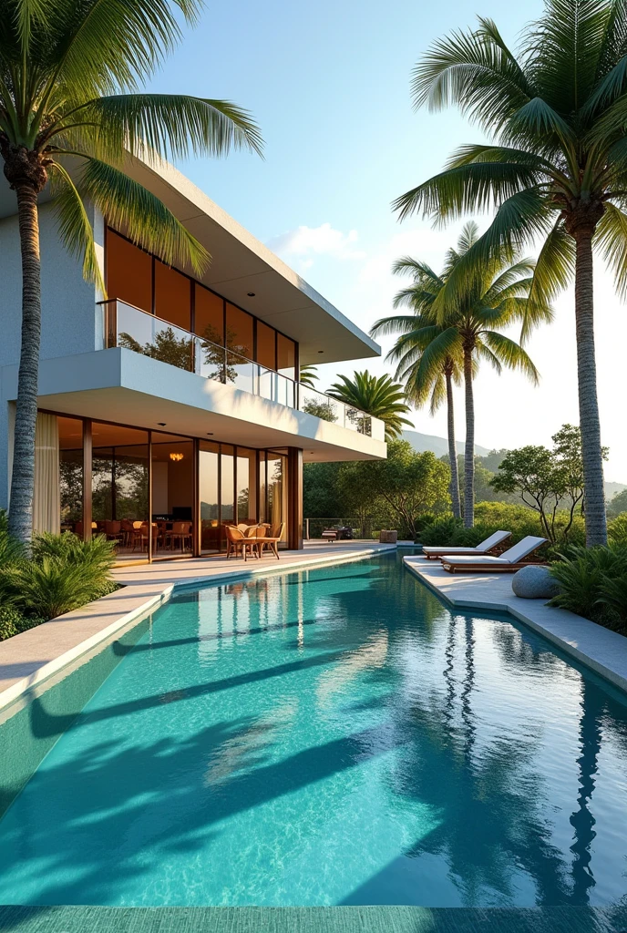 Cubic house roof terrace with swimming pool, palimers and large beveled glass in front view