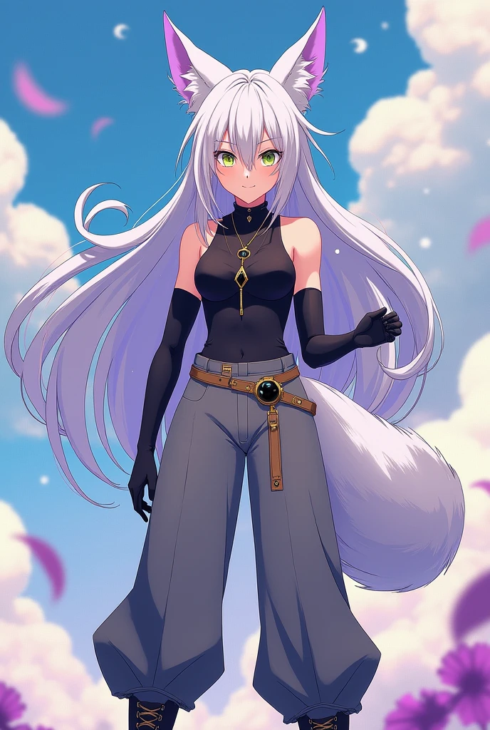 A tall woman with thigh-length white hair with lilac tips , right eye yellow and left eye green with a vertical scar, with a black top and gray palazzo pants, combat boots, golden necklace with an obsidian stone, fox ears and tail, anime styling