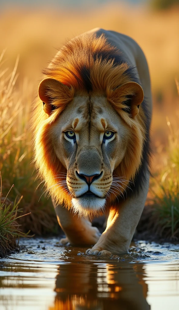 Generate an ultra realistic 8k image of a strong, handsome, blue-eyed lion, drinking water 