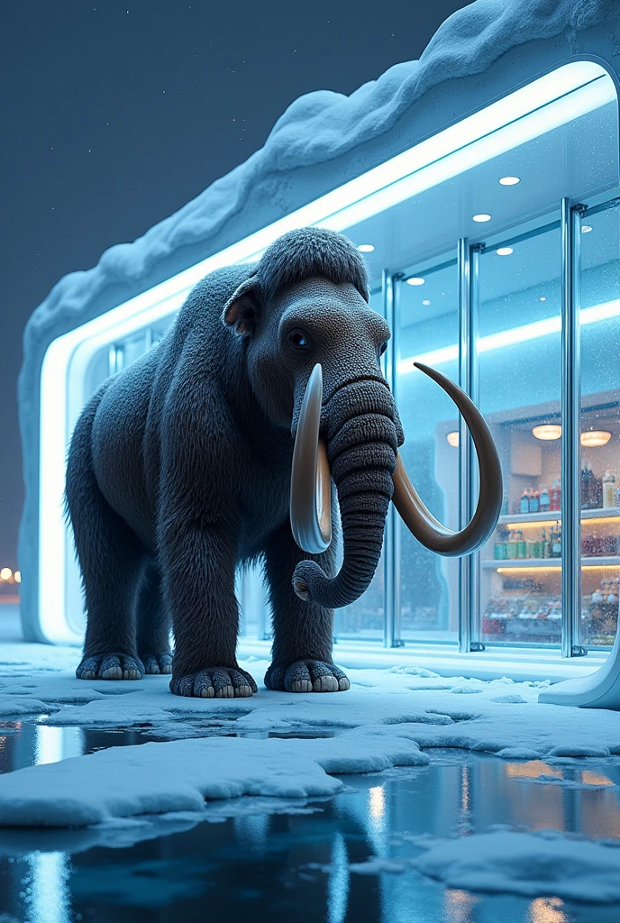Mammoth standing on ice with freezer design as shop sign