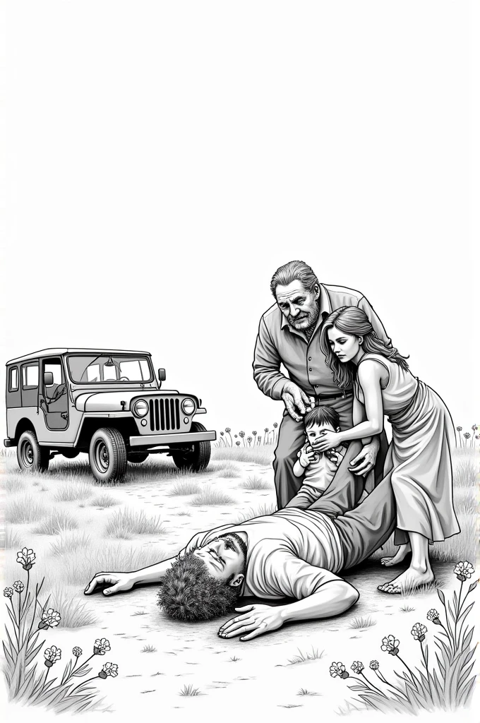 Make a coloring picture without color of a man lying on the ground and several other people around him worried about him and an old jeep next to it