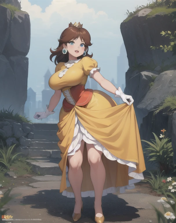 (best quality), (masterpiece), 1 girl, early 20's, huge heavy breasts, busty, perky breasts, thick, thick lips, wide hips, thin waist, princess daisy, blue eyes, brown hair, gold crown, yellow dress, skirt, white gloves, full dress, covered breasts