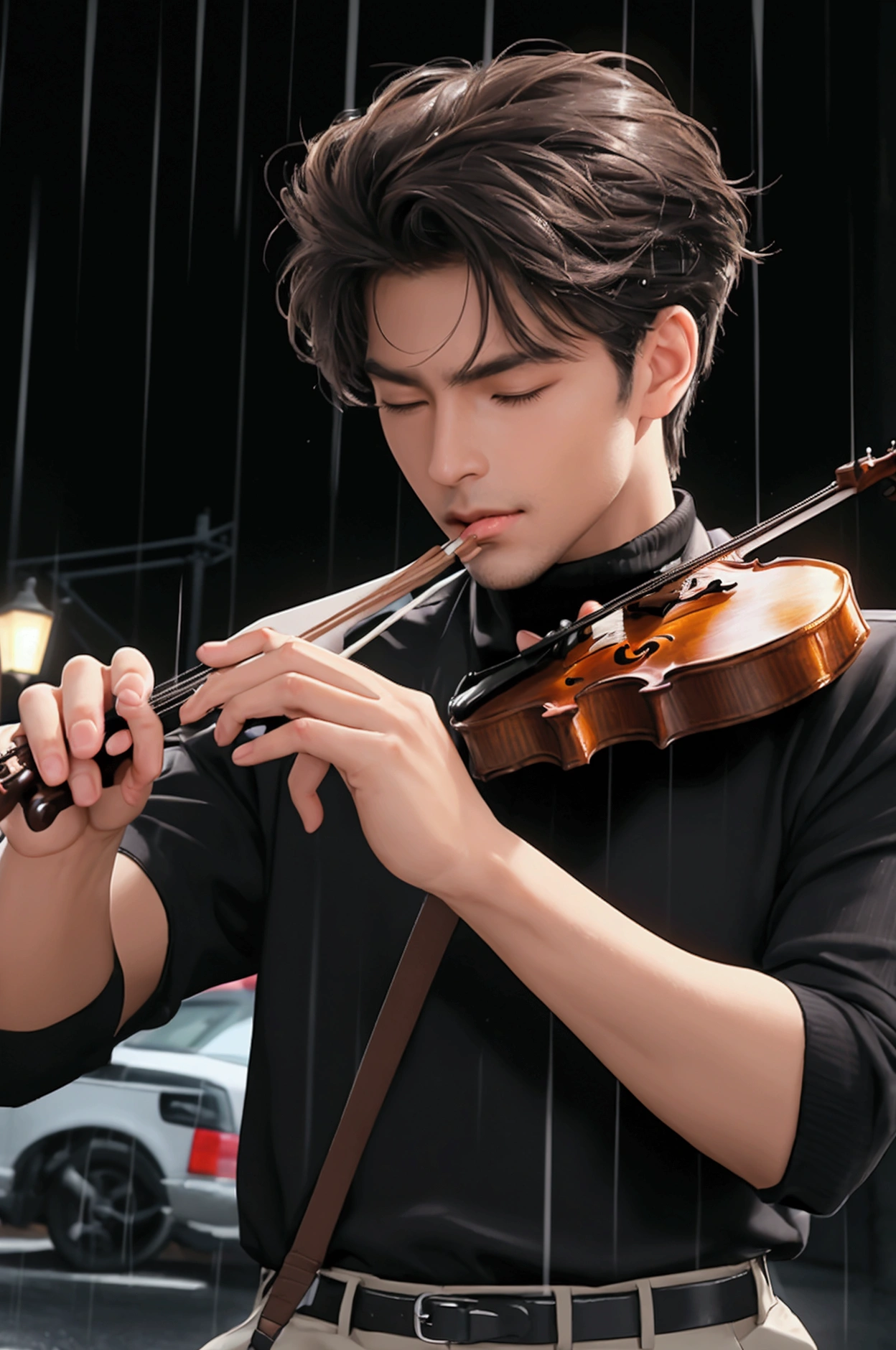Top Quality, Masterpiece, Ultra High Resolution, close-up photo of a handsome man on the street, playing violin, on the night with pour rain, has short, messy dark brown hair, his eyes closed, typical clothing like a street busker in Paris, France; wear black turtleneck shirt, NO mustache or beard, white skin color slightly tanned.