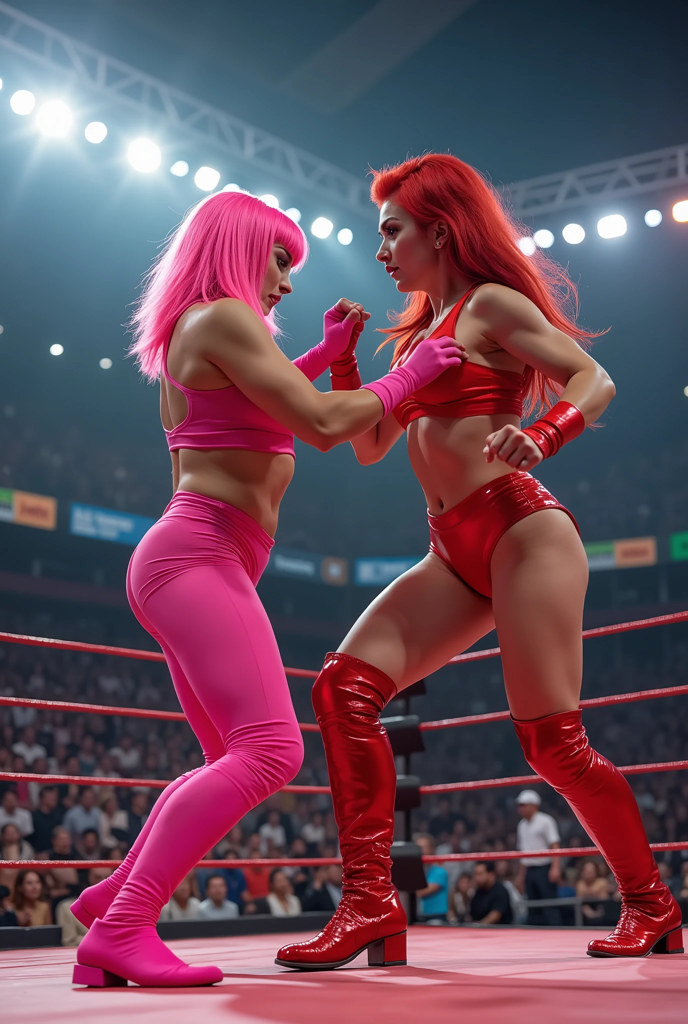 2 women, both in a wrestling ring, first woman has shoulder length pink hair, very large breasts, pink sports bra, pink tights, second woman wearing red leotard, red hair, thigh high boots. First woman has the second woman in a bad kick lock, second woman is pulling the first woman's hair