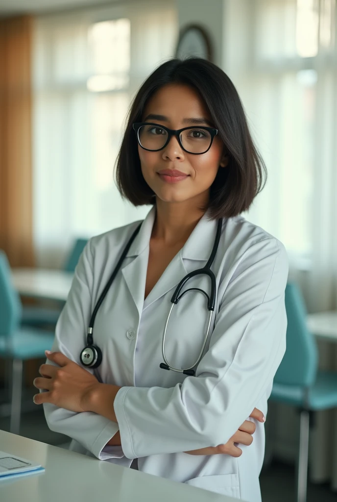 A 40 years old beautiful chubby malay women (natural big breasts) and big belly, bob cut hair style, wear knee-lenght doctor jacket, wear glasses, sexy sensual and seductive expression and pose, holding a stethoscope, on her desk in the patient room as background, realistic photography, natural light, look at the viewer,