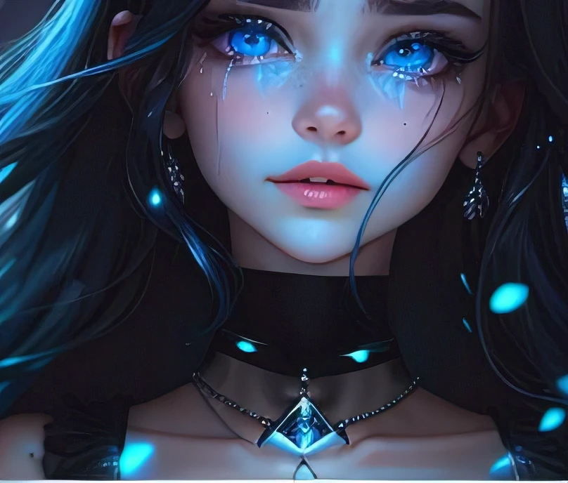 Girl crying diamond tears, black choker necklace, vibrant blue eyes, glowing blue eyes, perfect lips, button nose