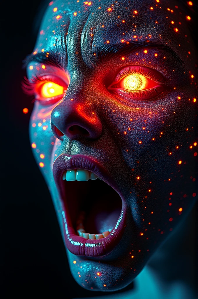 A close-up of a human face, broken down into multicolored pixels, that writhe and pulsate. The eyes are two bright and distorted vortices, and the mouth screams a silent cry. The background is a deep black, interrupted by lines of code moving frantically. The atmosphere is claustrophobic and disturbing.