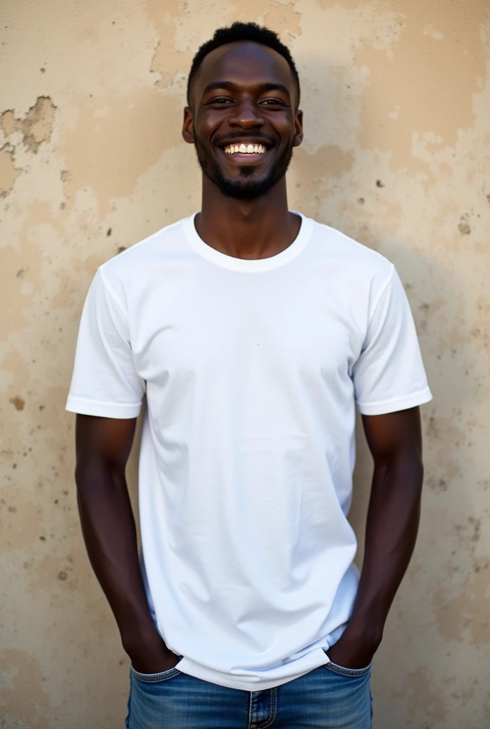 Create a split-image of the same light skinned 21 years old Ethiopian man shown side by side against a messed up wall as a background to illustrate a before and after transformation. In the 'before' image on the left, depict the man as shorter and wearing a plain white T-shirt and jeans. In the 'after' image on the right, show the same man taller, with no change in physique, wearing the same white T-shirt but with casual pants instead. Both images should have the man smiling and looking directly at the camera, with a noticeable difference in height and little difference on presence. The background should be the same for both pictures and minimalist with natural lighting, highlighting the transformation. Make the picture realistic