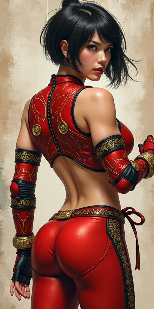 masterpiece, Very short hair fit Woman wearing armor chun li cosplay, Womanly, impossibly small tiny waist abs waistline, circumference of lower extremities far exceeds 80 inches hips, she has massively immense hip measurements, with the worlds largest buttocks, location random, intense detail, bold leggings, hyper realistic, A bottom-heavy, superior body part, voluptuous lower body, feminine figure, portraits, Reductionist form, mujercore, bold lines, in the style of Mike Campau, Iris Van Herpen, Howard Schatz, Russian-Western, an Inferior Physical Goddess