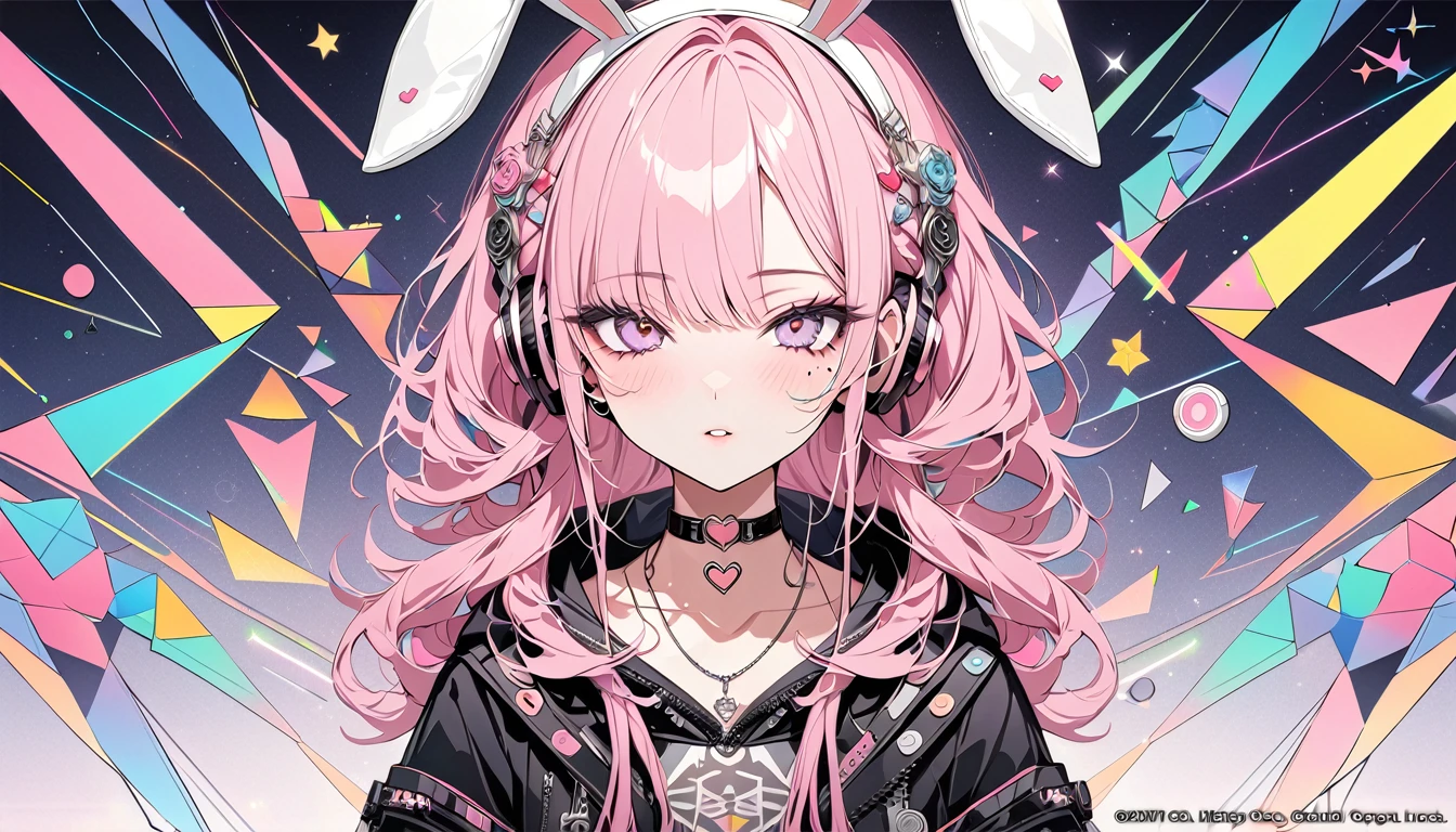 ,beautiful flower々）,Mole under the eye, Heart-shaped choker, (masterpiece, Highest quality), Official Art, beautifully、aesthetic: 1.2), (1 person), Very detailed, (Geometry Art: 1.3), colorful,Headphones,DJ、Pink Bob Hair、Bunny ears