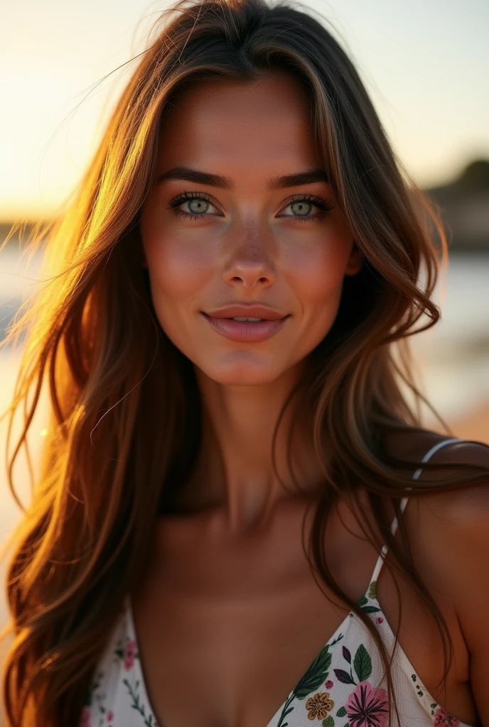 A photorealistic portrait of a 28-year-old Spanish woman with long, luxurious brunette hair and captivating blue eyes. Her expression should be natural and inviting, illuminated by the soft, warm light of the golden hour. The setting for this portrait should be a picturesque outdoor scene, such as a sun-kissed park or beach. Capture this image with a high-resolution photograph using an 85mm lens to achieve a flattering and engaging perspective.