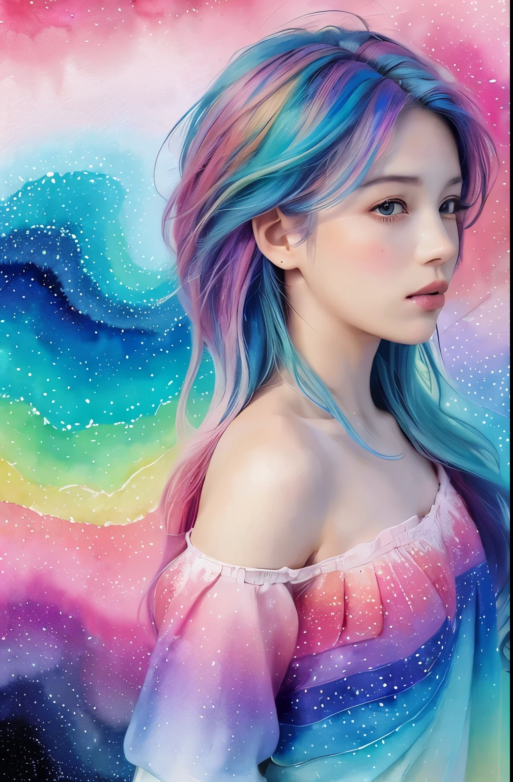 (masterpiece, top quality, best quality,watercolor (middle),official art, beautiful and aesthetic:1.2),(1 woman:1.3), (fractal art:1.3),upper body, from the side, looking at viewer,pattern,(rainbow colored hair,fancy hair,Blue hair half, Half pink hair:1.2),water,liquid, cloud,fancy, star이 빛나는,star,