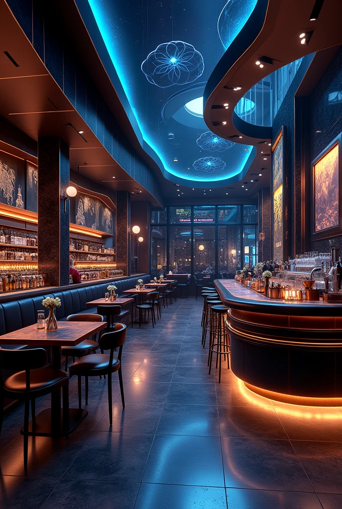 Please design me an extremely luxurious cafe, modern and fully equipped. Futuristic design with mysterious colors
