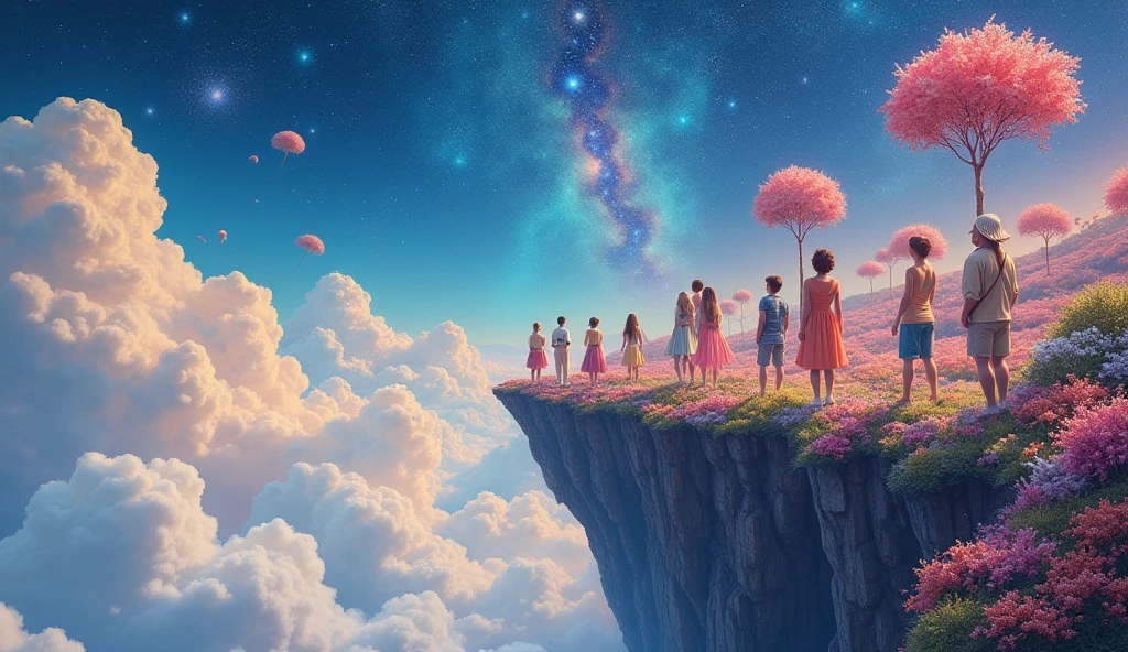 A painting by Roger Dean with some floating island, of a Group of people contemplating the sky