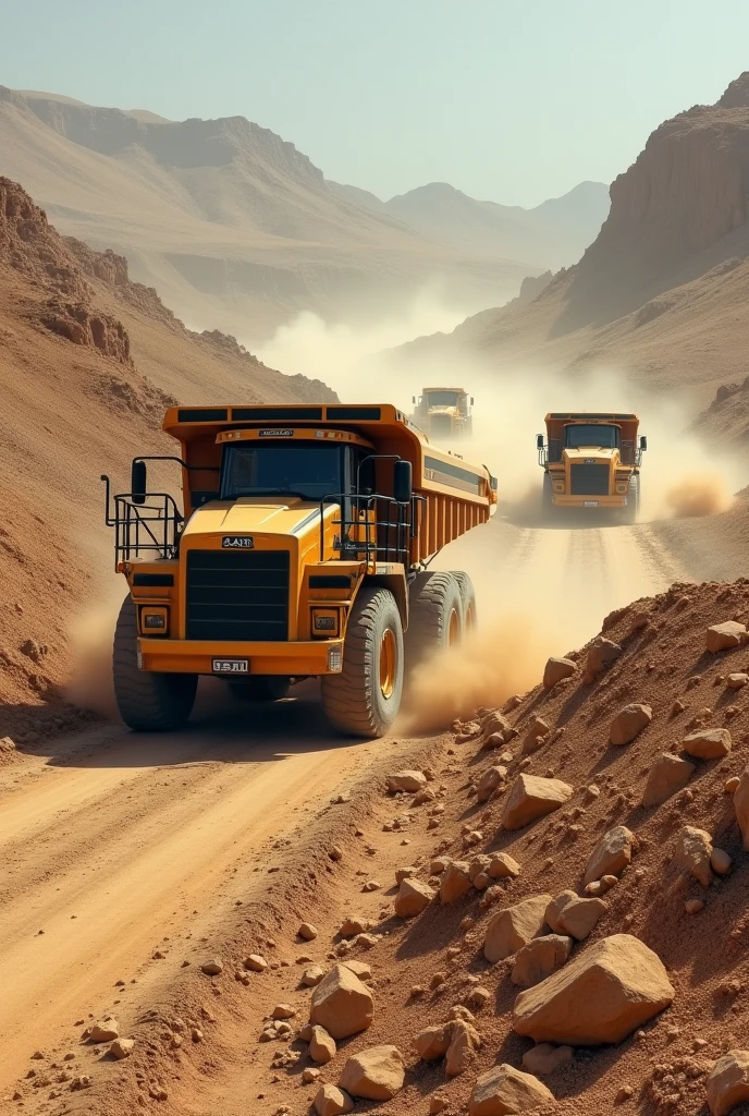 (photorealism:1.2), Sand loader trucks , were damaging roads into off roads
