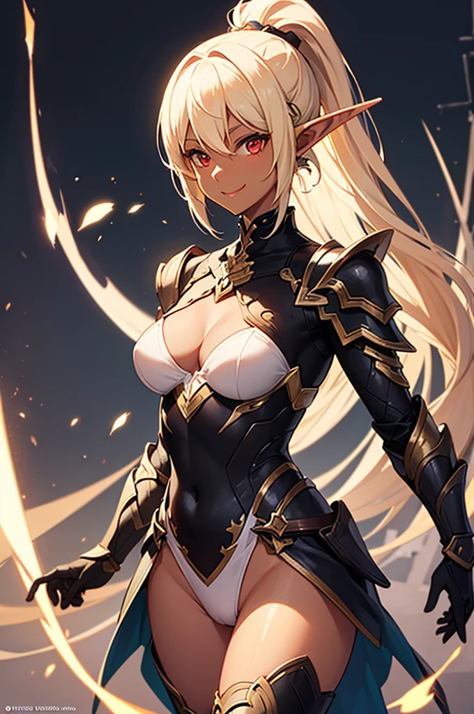 Beautiful images,Detailed Images,Official image,(Background of the base),One Woman,Blonde,Red Eyes,Ponytail Hair,Model body type,(Dark Skin:1.3),Elf Ears,Large Breasts,(Bioarmor:1.3),Smile small,