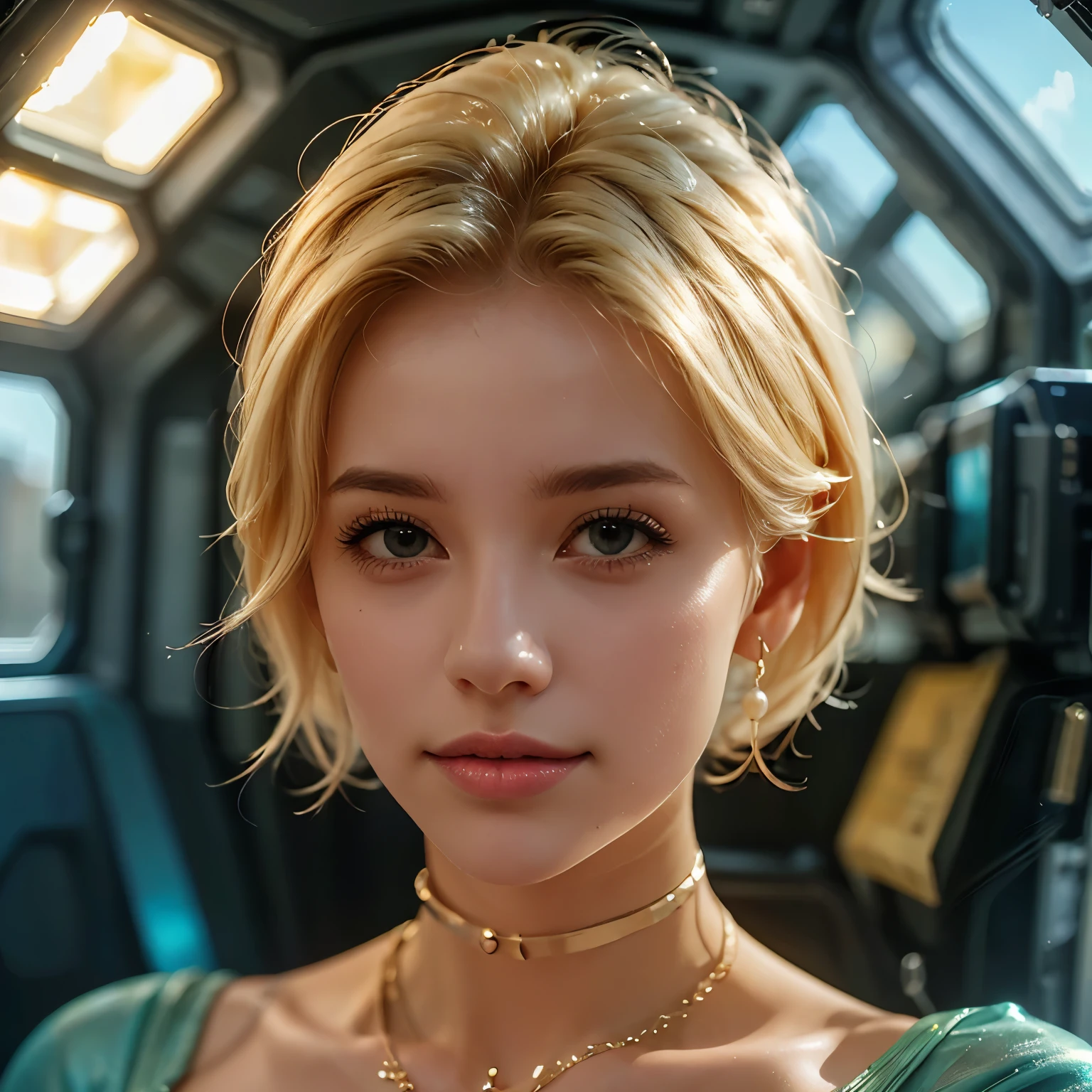 35 year old aged skin,((gorgeous realistic short hair blonde bob cut, female 35 years age Floating in space realistic futuristic stars and nebula)), she looks happy sleepy, Night time, ((artistic pose)), ((she has a red ribbon in her hair)), she is wearing a white and gold silk gymnast leotard, (very big rounded breasts) (photorealistic), (in gold and white leotard), (Style-Glass), (()), hdr, antialiased, 8k, ((syd mead)), sharp details, ((masterpiece)), (painterly), (good anatomy), (good proportions), (good composition), (dramapaint), (style-sylvamagic) 1 woman, Captivating, Professional Studio Lighting, Expertly lit, The scene is filled with a sense of tranquility, magic, and natural beauty, transporting the viewer to a world of fantasy and wonder (best quality, high resolution), golden earrings and a large pearl necklace,