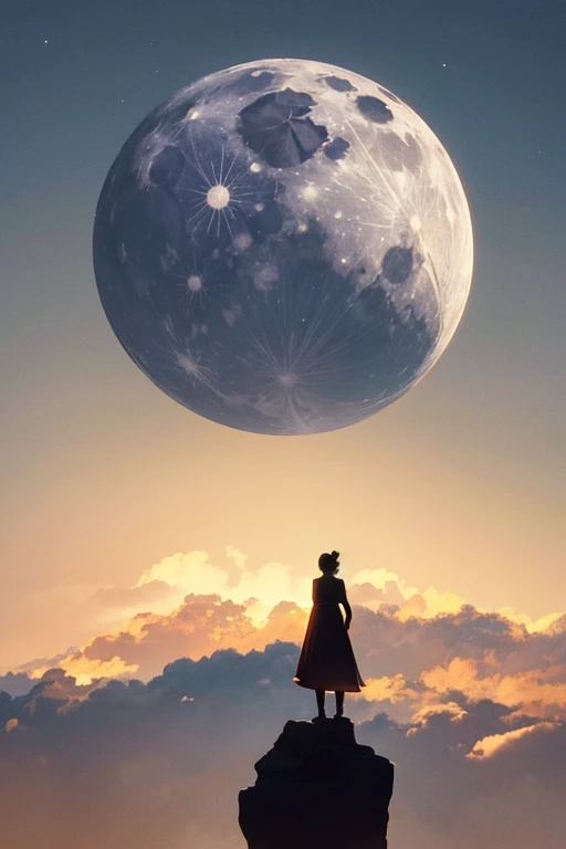 Highest quality,Big moon and shadow,A silhouette of a person can be seen against the backdrop of a large moon.,There is one full moon,There is a mood,Beautiful scenery,Starry Sky