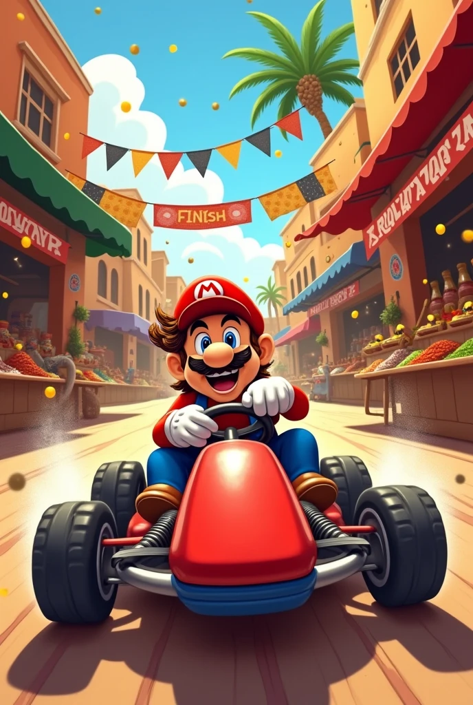 Mario Kart Moroccan souk edition, kart rouge, homme qui coneuit avec cheveux long et frisé en arriere, mode cartoon,
Drapeau a damier avec ecris finish
Arrivée sous des confettis,