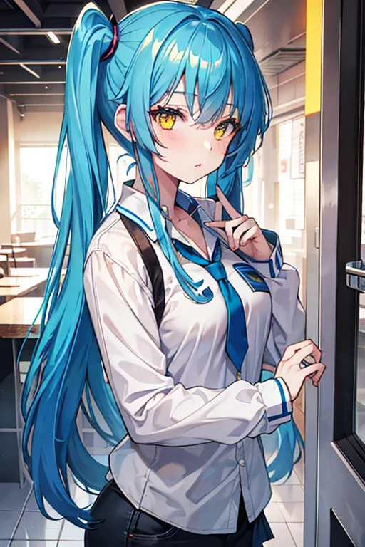 A beautiful girl with blue hair, twin tail, yellow eyes