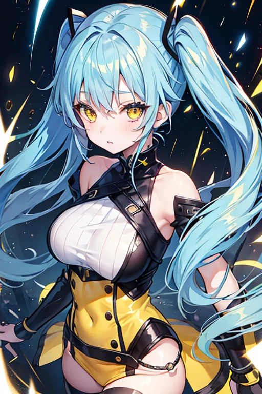 A beautiful girl with blue hair, twin tail, yellow eyes