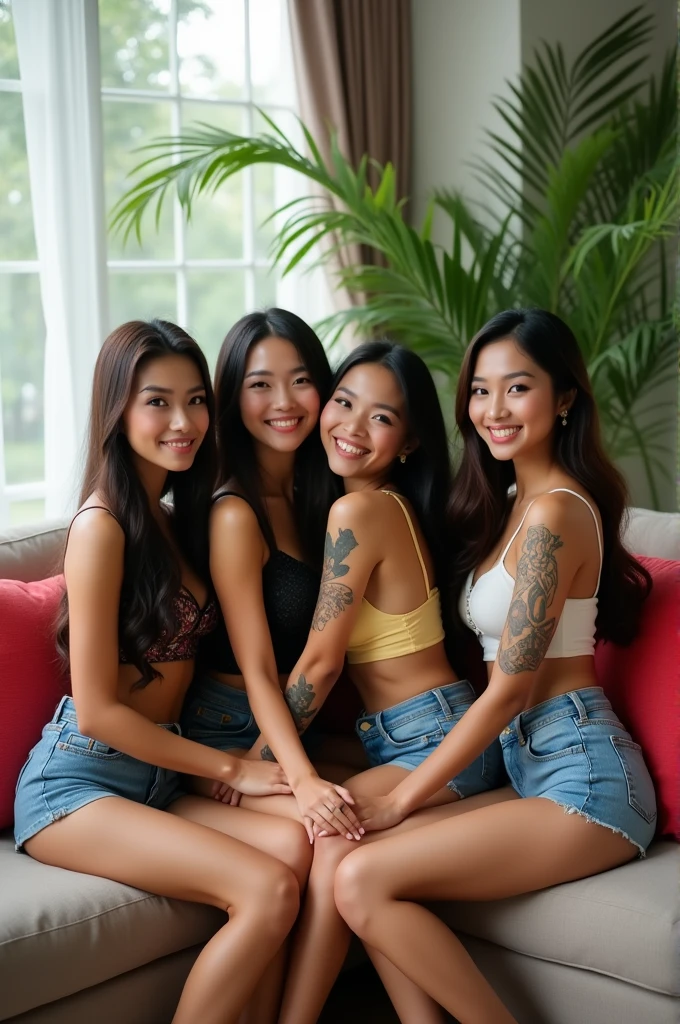 Women with sexy bodies, Indonesian Version, only wearing one item of clothing, namely shorts, sitting on the couch, with an elegant face