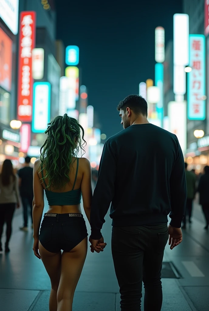 Medusa and Frankenstein are holding hands and going on a date in Shibuya, Tokyo. The scene is set at night, with the famous Shibuya Crossing filled with people and bright neon lights. Medusa is portrayed with snakes in her hair, yet with a modern and stylish outfit. Frankenstein is tall and bulky, wearing casual, contemporary clothing. They are walking together, looking like a couple in love, blending in with the bustling, vibrant city life. The image is realistic with a cinematic feel