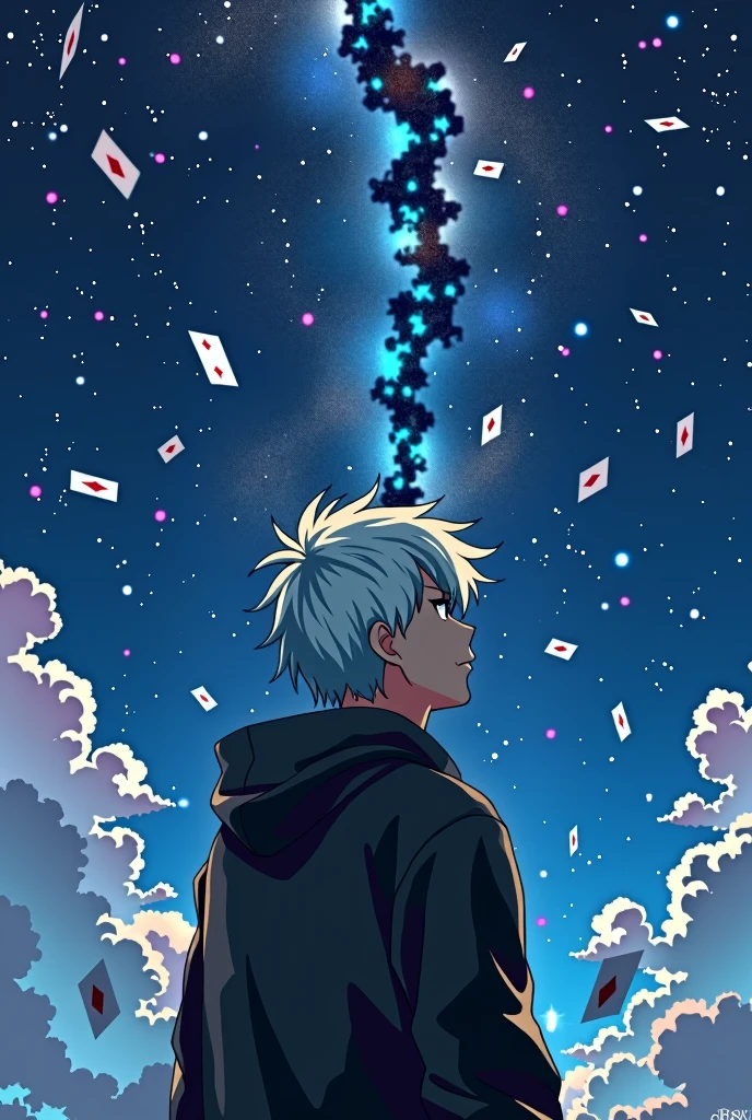 A man with white hair in a black windbreaker looking up at the starry night sky,The cards spun around him.,Anime style,Highly detailed,Film Lighting,dramatic,(Best quality,4K,8k,high resolution,masterpiece:1.2),Ultra Detailed,(lifelike,Photoreal,Photoreal:1.37),dramatic的灯光,Moody atmosphere,Dynamic composition,Intricate details,Vibrant colors,Whimsical fantasies,Surrealist elements,Magical Realism
