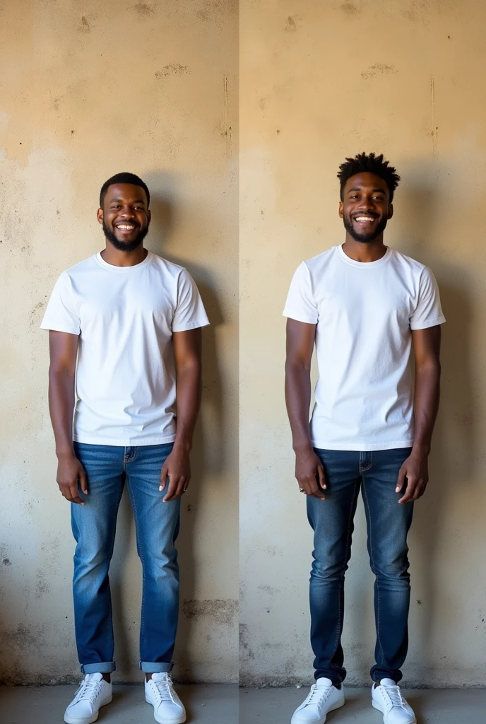 Create a split-image of the same light skinned 21 years old Ethiopian man shown side by side against a messed up wall as a background to illustrate a before and after transformation. In the 'before' image on the left, depict the man as shorter and wearing a plain white T-shirt and jeans. In the 'after' image on the right, show the same man taller, with no change in physique, wearing the same white T-shirt but with casual pants instead. Both images should have the man smiling and looking directly at the camera, with a noticeable difference in height and little difference on presence. The background should be the same for both pictures and minimalist with natural lighting, highlighting the transformation. Make the picture realistic