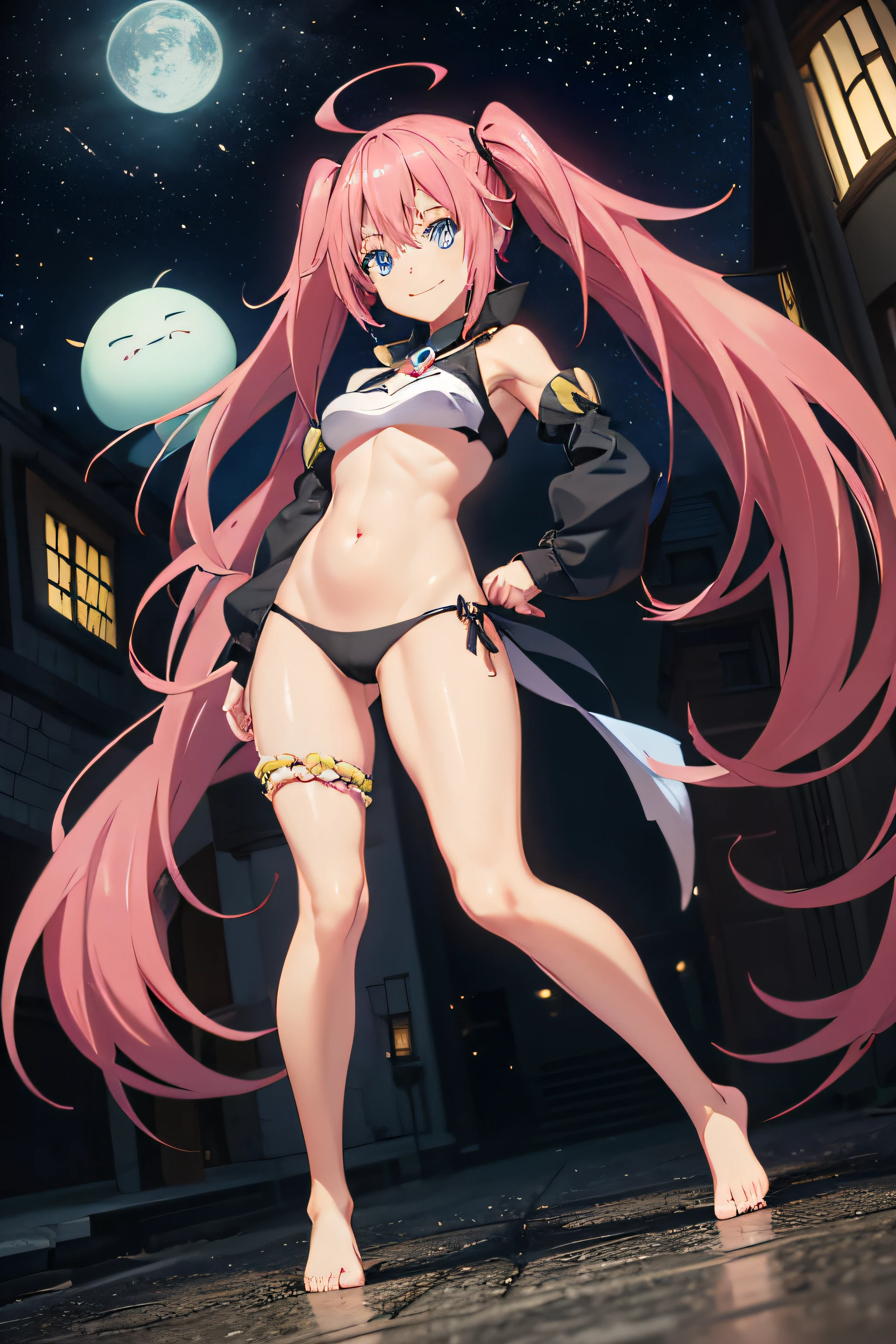 1womanl、When I reincarnated, I was a slime character(child)、work of art、top-quality、precise、and souls、child Demon King、Aimei、Beautiful and detailed blue eyes、pink hair、twin-tailed、Proud double tails, very short black bikini 、medium breasts、Fiel ao original、((bare feet)), muscular belly, beautiful muscular legs, legs thick, (ssmile), standing, (full body shot photograph), city scene, night and starry sky