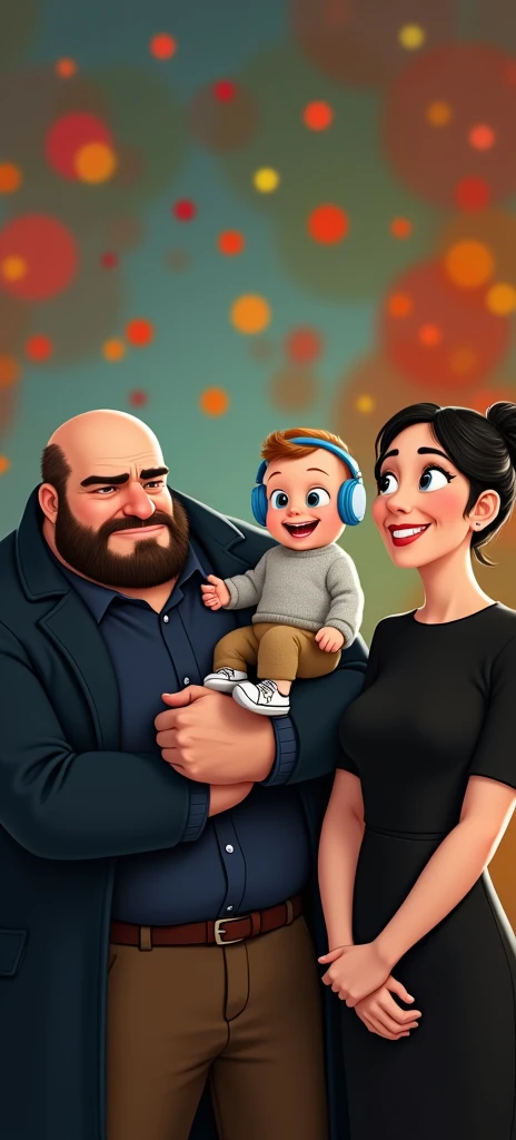 family of 3 people, an adult couple and an 8-month-old baby. The father is in the center, he is wearing  dark blue coat and light blue shirt and brown pants, he is the tallest,  big and strong,,  full shaved bald hair and he has a medium black Viking-style beard, with light brown eyes and  he has grumpy face. The father is holding the 8-month-old baby in his left arm. The eight-month-old baby has dark blond hair and big dark blue eyes, the baby is wearing light grey jumper and light brown pants and converse withe shoes and headphones blue. The mother has dark blond hair and light brown eyes, her hair tied up and a beautiful smile, she is very beautiful and elegant. She is wearing black dress, Character should be colorful and have a fun, friendly look, with exaggerated, expressive features. Pixar style.